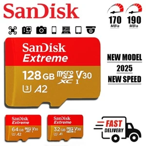 SanDisk Extreme Micro SD Card 32GB 64GB 128GB V30 A2 C10 4K UHD Memory - Picture 1 of 10