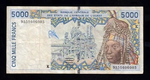 F.C. AFRICA DEL OESTE , SENEGAL , 5000 FRANCOS 2002 , B/C+ (F+) , P.713k . - Imagen 1 de 2