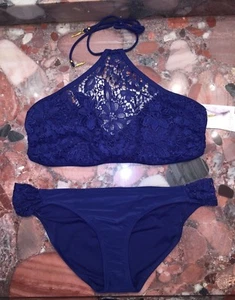 NWT $100 Jessica Simpson Flower Power Blue Crochet Bikini Swimsuit Set Women's L - Picture 1 of 8