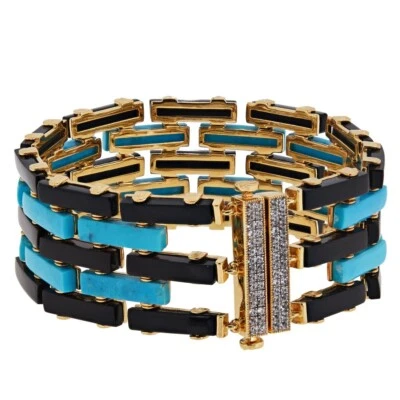 Brazalete ancho tenis 7-1/4" Rarities chapado en oro turquesa, ónix y circón blanco Foto 1 de 4