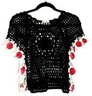 LADYS WORLD GIRLS BLACK CROCHET TOP ROSE FLORAL DETAIL COVER TOP CUTE!