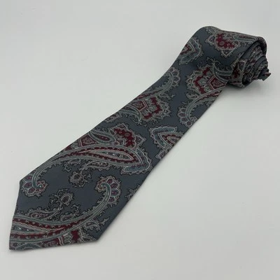 Lands’ End Paisley Pattern Silk Necktie Grey with Red& Blue 4” Width x 58” Lng  - Image 1 of 4