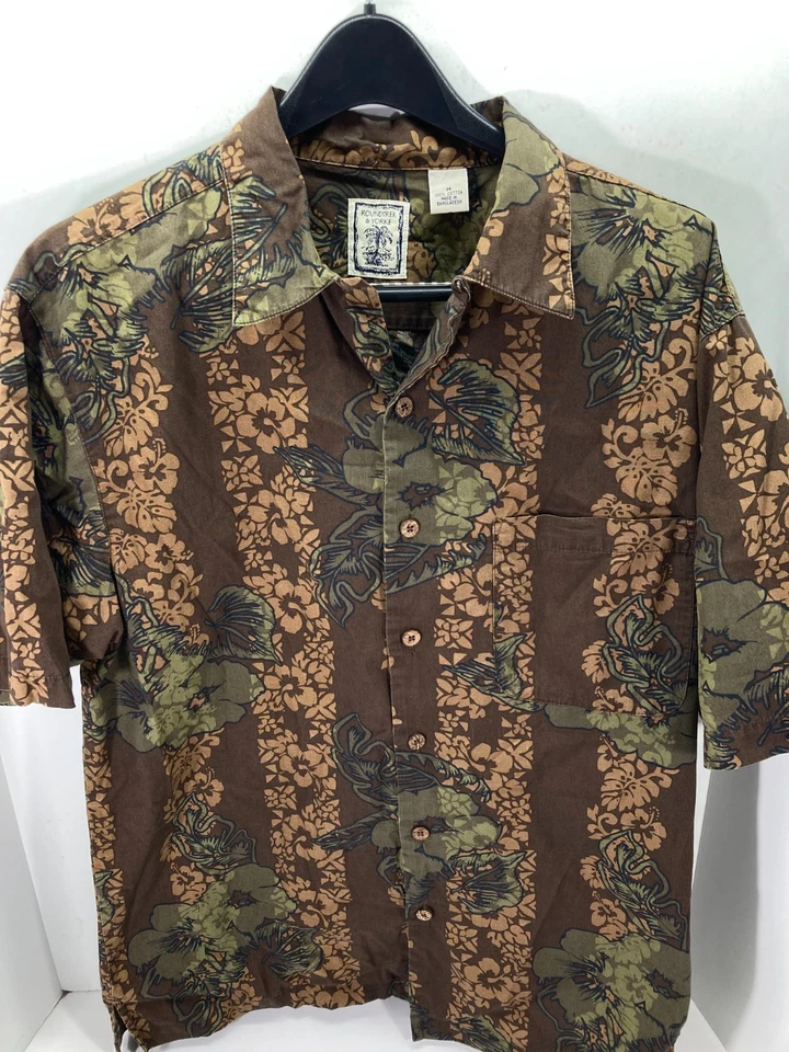 Round Tree & Yorke Hawaiian Button Up Shirt Mens M Brown Cotton Floral Beach - Image 1 of 4