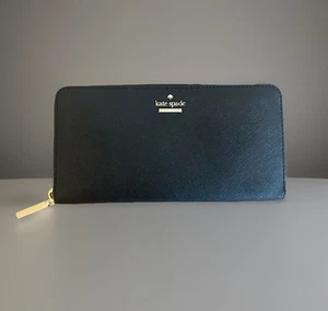 Cartera Kate Spade Larga Negra Cremallera Alrededor Cuero Saffiano Dorado - Imagen 1 de 6