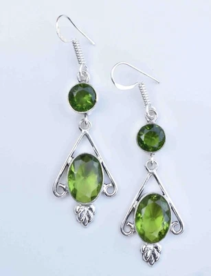 Handcrafted Green Peridot Earrings in Sterling Silver – Oval Cut Dangle Design" - Image 1 of 3