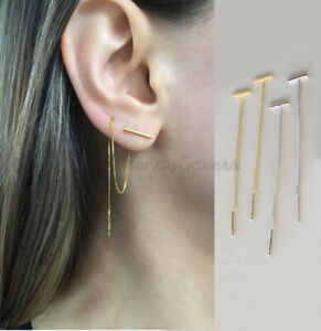 Sterling Silver Gold Long Drop Dangle Chain Bar Ear Threader Fashion Earrings