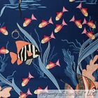 TISSU BonEful courtepointe coton bleu marine poisson blanc sous l'eau rayures pittoresques FERRAILLE