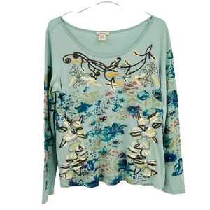 Sundance Size Small Blue Wild Floral Tee Embroidered Embellished Long Sleeve Top - Picture 1 of 7