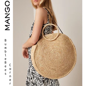 MANGO Top Handle BRAIDED RAFFIA Beige LIMITED EDITION Round Tote XL HandBag NWT - Picture 1 of 12