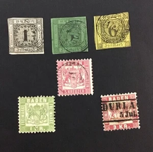 Germany Baden 1853-1858 F-VF Used Sc#6,7,9,20,26,27, Cv$70. (W27) - Picture 1 of 2