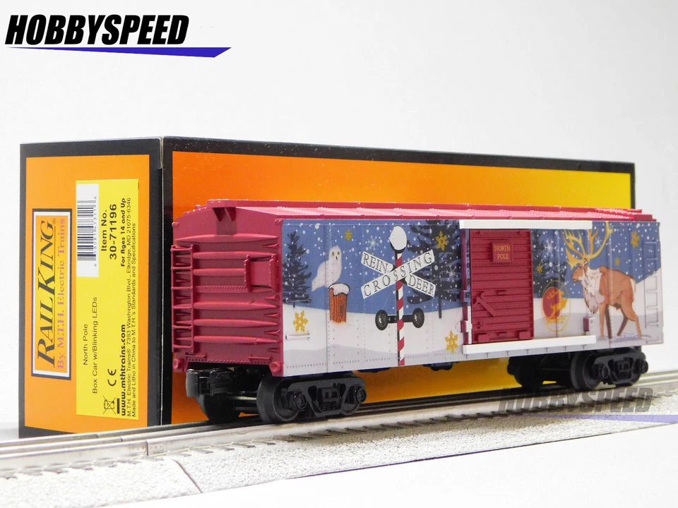 MTH 71196 RAILKING NORTH POLE BOXCAR W/BLINKING LEDs santa reindeer 30-71196 NEW - Image 1 of 4