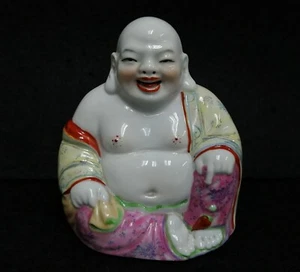 Laughing Buddha 笑佛 Familie Rose Enamel 5.5" Porcelain Figurine Vintage 1970s - Picture 1 of 13
