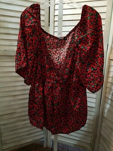 Shein Curve Womens Blouse Size 4X Black Red Floral Elastic Waist Stretch Neck - Picture 1 of 10