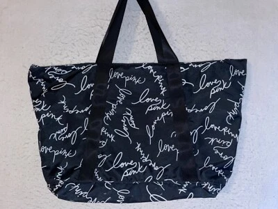 Victoria’s Secret PINK LOVE Black Script Logo Canvas Weekender Large Tote Bag - Image 1 of 4