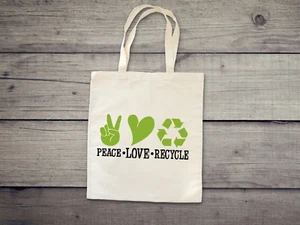 Bolso de mano reciclado Peace Love. Bolso de mano para el Día de la Tierra, bolso para amantes de la naturaleza, senderismo, vida amorosa, - Imagen 1 de 4