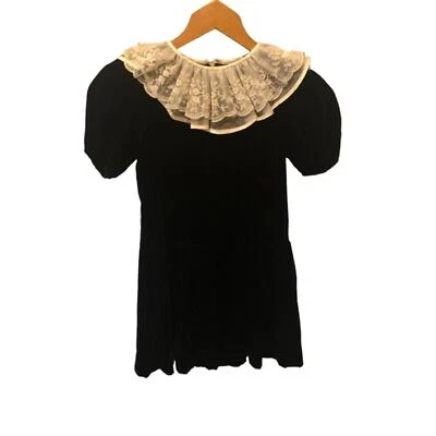 Bambina Girls Silk Velvet Midnight Blue Dress Sz 6X SS Lace Yolk Vintage Flaw - Image 1 of 4