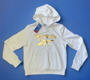 Reebok Classic Spellout Logo Damen Glanz Hoodie Sweatshirt Weiß/Gold Gr. S Neu mit Etikett - Bild 1 von 7