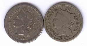 Lot of TWO (2) - Three-Cent Nickels + 1865 & 1870 + No Reserve! - Picture 1 of 2