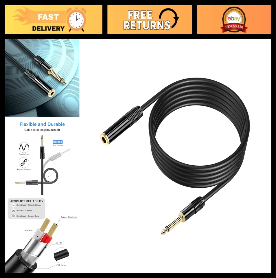 Cable de extensión TS 6,5 PIES 1/4" - Cable de guitarra mono macho a hembra chapado en oro Foto 1 de 4