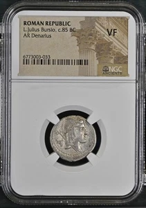 85 aC República Romana 85 aC AR Denario L. Julio Bursio NGC VF - Imagen 1 de 2