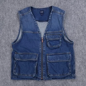 GAP Vest Mens Small Blue Denim Dark Wash Jean Utility Full Zip Cargo Pockets - Picture 1 of 11