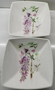 2 Skye McGhie Fine Porcelain Delphinium Square Bowls 8" - Picture 1 of 6