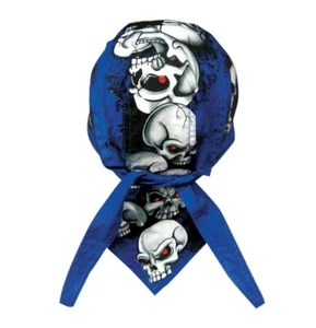 Biker Headwrap Danbanna Deluxe Du-Rag Cap Doo Rag Bandana Blue Skull Pile Up - Picture 1 of 2
