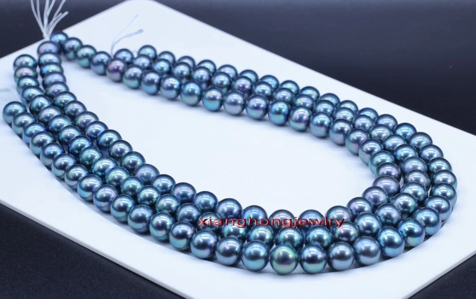 long AAAAA 48"10-11mm Natural REAL ROUND TAHITIAN blue black pearl necklace 14K Foto 1 de 1