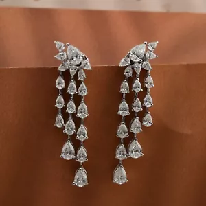 3.93 Ct Lab Grown CVD Pear Diamond Dangle Earrings Birthday Gift 14k White Gold - Picture 1 of 10