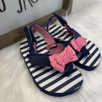 Carter's Girls Sandals Shoes Toddler Size 5 Flip Flops Blue Pink Stripes Bow - Image 1 of 4