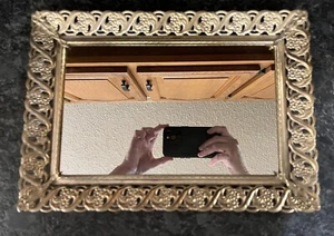 Vtg Gold Tone Filigree Rectangle Hollywood Regency Mirror Footed Vanity Tray - Picture 1 of 8