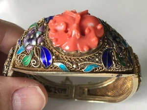 Antique Sterling Silver Chinese Enamel Red Coral Bracelet Hallmarked - Picture 1 of 11