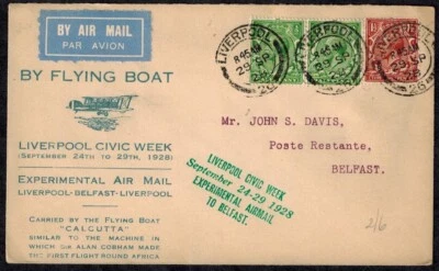 Great Britain 1928 Flying Boat Cacheted Cover w/1/2d, 1 1/2d & Belfast Backstamp - Image 1 of 3