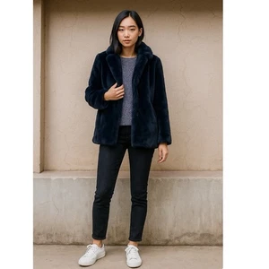 Cappotto pelliccia sintetica Banana Republic blu navy taglia XS dichiarazione chic Teddy Lux giacca - Foto 1 di 12