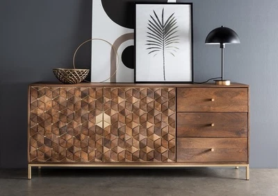 Sideboard Anrichte 180x77cm Massivholz Mango & Metall goldfarbig - Bild 1 von 4