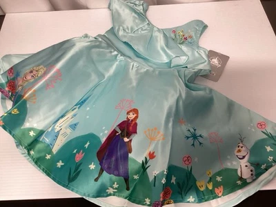 Disney Vestido Frozen Niñas Pequeño Azul Anna Elsa Olaf Estampado Floral Disfraz Nuevo con Etiquetas Foto 1 de 4