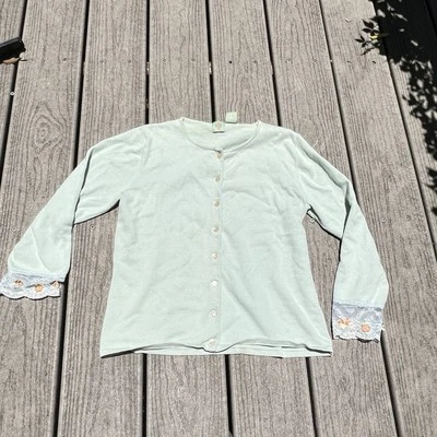 HWR: Light Green Cardigan with Lace Cuffs. Women’s Size Large. - Image 1 of 4