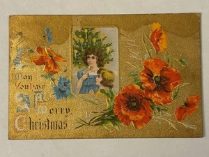 May You Have a Merry Christmas Embossed Postcard Gold Leaf Posted 1910 Floral - Picture 1 of 3