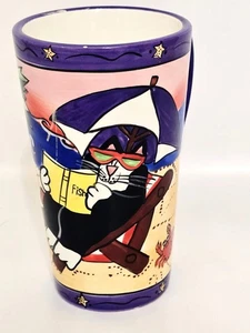 Catzilla Coffee Mug Candace Reiter 16oz Ceramic Cup Summer Beach Reading Cat - Picture 1 of 7