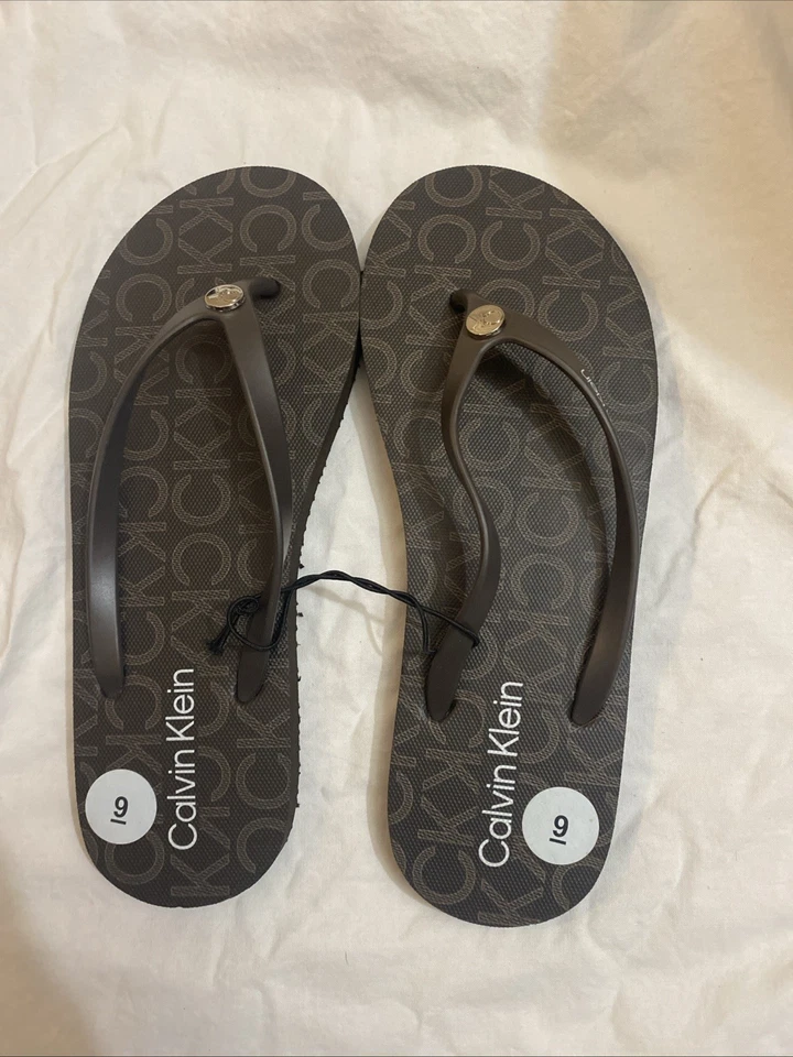 NWB Calvin Klein Womens Flip Flops Brown 9M SARMINE Rubber Open Toe - Image 1 of 3