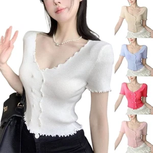 Elegant and Fashionable V-neck Short Sleeve Knitted Blouses with Double Buttons - Picture 1 of 13
