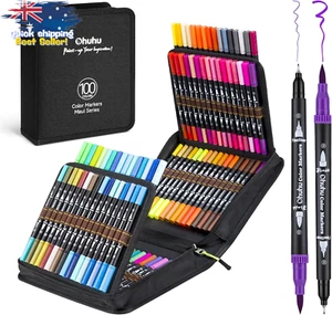 100 Coloring Markers Dual Tip Brush Pens Adult Coloring Books Calligraphy Art - Picture 1 of 12