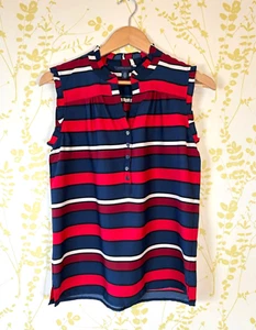 TOMMY HILFIGER Top Rojo Azul Marino Blanco Rayas Sin Mangas S Ribete Volantes - Imagen 1 de 9