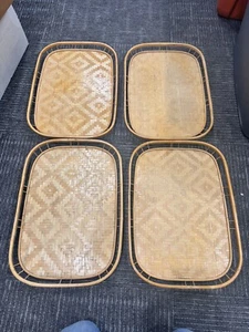 SET OF 4 Rattan Bamboo Tray Wicker Tiki Lap TV Serving Platter 19x13 Vintage - Picture 1 of 6