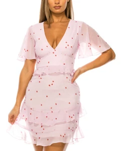 B Darlin Women's Juniors Flutter Sleeve V-Neck A-Line Dress (Pink/Red, 1/2) - Picture 1 of 3