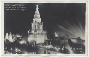 PPIE San Francisco, California Expo - REAL PHOTO Night Scene, Illuminated Fair - Picture 1 of 2
