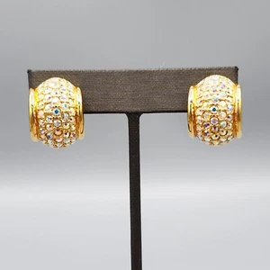Swarovski Swan AB Crystal Pave Gold Plated Domed Huggie Half Hoop Clip Earrings - Picture 1 of 10