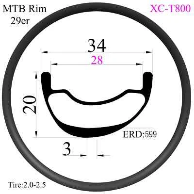 29er 碳纤维 XC MTB 自行车轮辋 34*20 毫米超轻边缘无钩无内胎 — 第 1/4 张图片