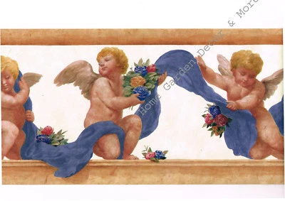 Borde de papel tapiz azul tostado querubines ángeles romanos renacentistas arquitectónicos Foto 1 de 3