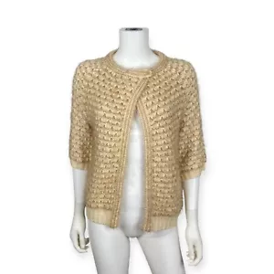 Mystree Women's NEW Tan Cream Fuzzy Chunky Knit 3/4 Sleeve Cardigan Sweater M - Picture 1 of 10